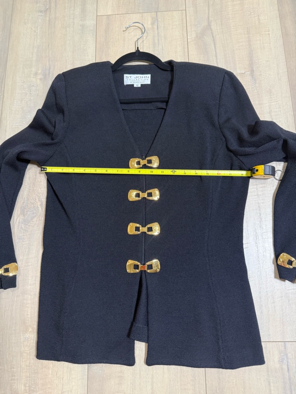 St. John Black Knit Blazer with Zipper Front and Gold Tone Hook and Eye Closures - Picture 7 of 9